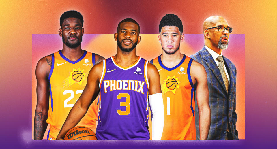 Cutouts of Deandre Ayton, Chris Paul, Devin Booker and coach Monty Williams on a purple and orange background.