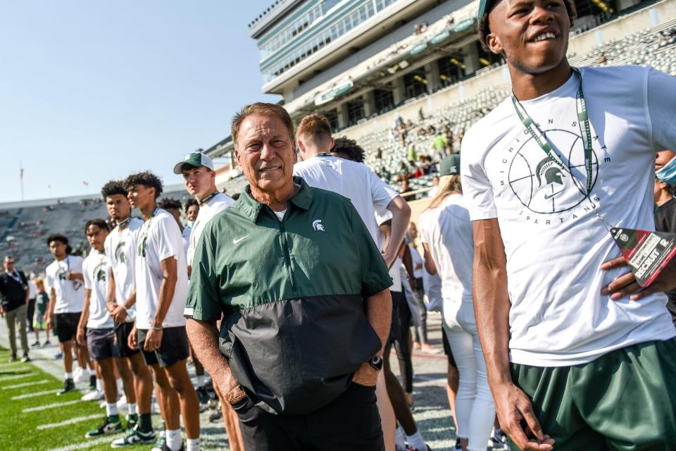 Basketball coach Tom Izzo looks on from the sidelines before Michigan State's football game against Youngstown State on Saturday, Sept. 11, 2021, in East Lansing.