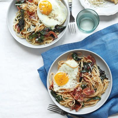 Spaghetti with Bacon, Eggs, and Swiss Chard