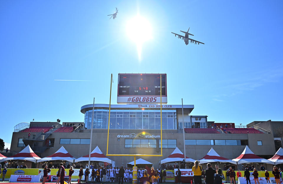 ALBUQUERQUE, NEW MEXICO - DECEMBER 21: Aircraft from Kirtland Air Force Base perform a flyover before the New Mexico Bowl game between the Central Michigan Chippewas and the San Diego State Aztecs at Dreamstyle Stadium on December 21, 2019 in Albuquerque, New Mexico.  (Photo by Sam Wasson/Getty Images)