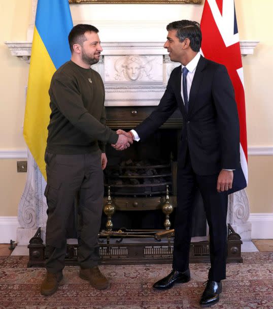 PHOTO: Ukraine's President Volodymyr Zelenskyy meets Britain's Prime Minister Rishi Sunak, right, inside Downing Street in London, Feb. 8, 2023. (Dan Kitwood/Pool via AP)