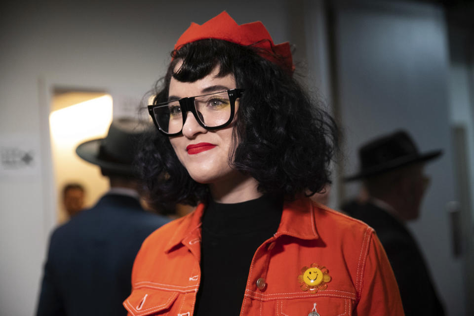 Hester Sunshine is seen backstage at the dapperQ fashion show at the Brooklyn Museum on Thursday, Sept. 5, 2019, in New York. (AP Photo/Jeenah Moon)