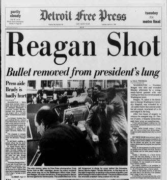 The Detroit Free Press front page on March 31, 1981 the day after John Hinkley Jr. attempted to assassinate President Ronald Reagan.