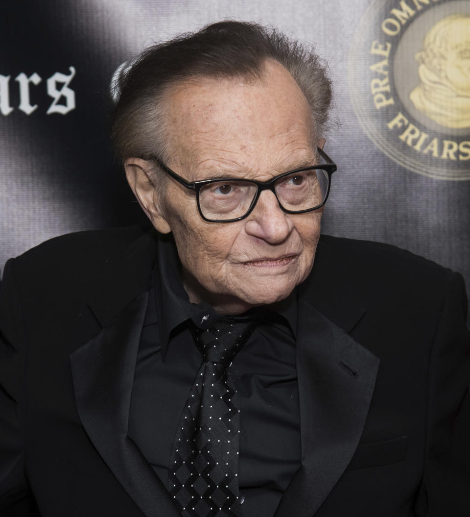 FILE - In this Nov. 12, 2018, file photo, Larry King attends the Friars Club Entertainment Icon Award ceremony honoring Billy Crystal at the Ziegfeld Ballroom in New York. Former CNN talk show host King has been hospitalized with COVID-19 for more than a week, the news channel reported Saturday, Jan. 2, 2021. CNN reported the 87-year-old King contracted the coronavirus and was undergoing treatment at Cedars-Sinai Medical Center in Los Angeles. (Photo by Charles Sykes/Invision/AP, File)