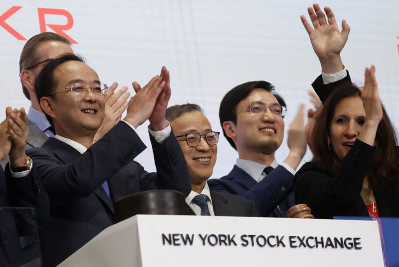 Chinese EV Maker Zeekr joined the New York Stock Exchange on Friday, and its initial public offering sold 21 million shares to raise $441 million. Zeekr representatives (pictured) rang the opening bell at the exchange on Wall Street in New York City on Friday. Photo by John Angelillo/UPI