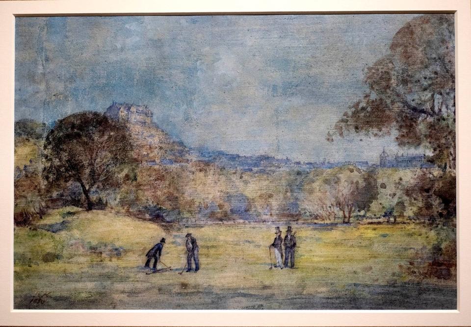 "Edinburgh from the Bruntsfield Golf Links" (1830), a watercolor by Francis Nicholson, is on display at the Old Golf Shop.