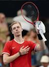 Denis Shapovalov of Canada reacts after defeating Alexander Zverev of Germany during day 5 of the ATP Cup tennis tournament at Pat Rafter Arena in Brisbane