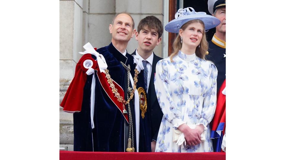 Prince Edward standing with James, Earl of Wessex and Lady Louise Windsor