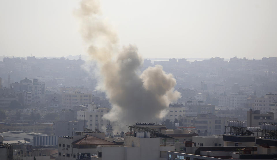 Smoke rises after an Israeli forces strike in Gaza City, Tuesday, Nov. 12, 2019. Israel killed a senior Islamic Jihad commander in Gaza early Tuesday in a resumption of pinpointed targeting that threatens a fierce round of cross-border violence with Palestinian militants. (AP Photo/Hatem Moussa)