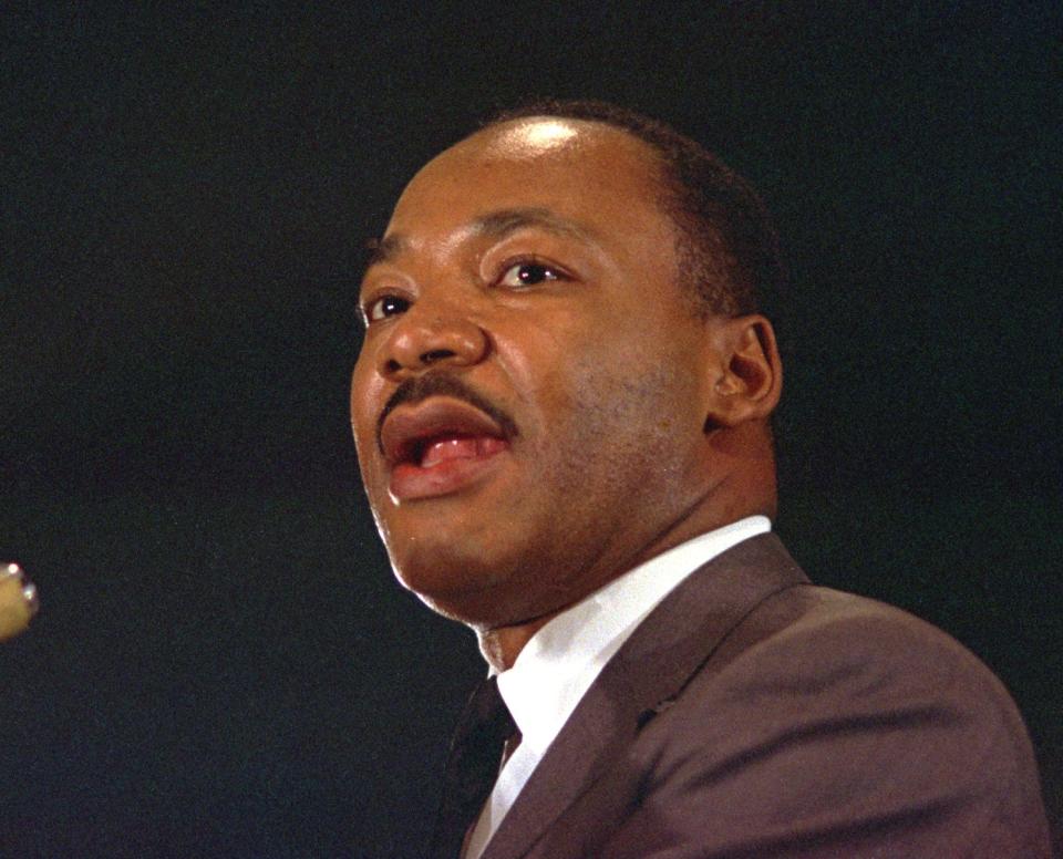 The Rev. Dr. Martin Luther King Jr. is shown speaking at a peace rally in New York City in this April 15, 1967.