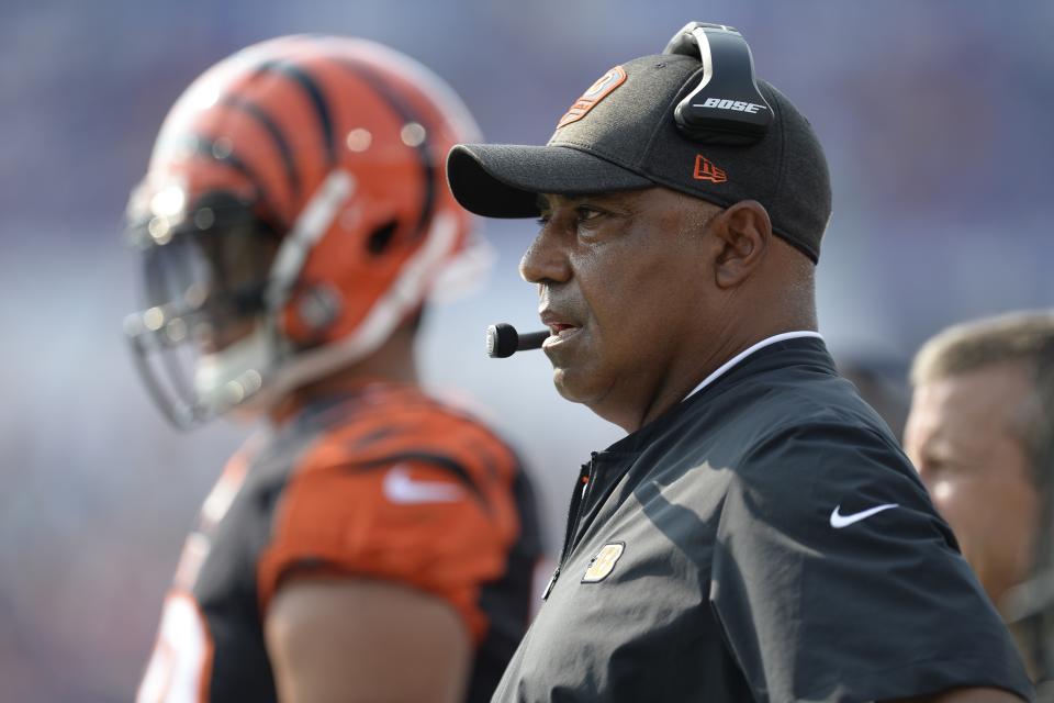 FILE - In this Aug. 26, 2018, file photo, Cincinnati Bengals head coach Marvin Lewis watches his team play during the first half of a preseason NFL football game against the Buffalo Bills, in Orchard Park, N.Y. Lewis got a two-year extension despite his NFL-record 0-7 mark in the playoffs. (AP Photo/Adrian Kraus, File)