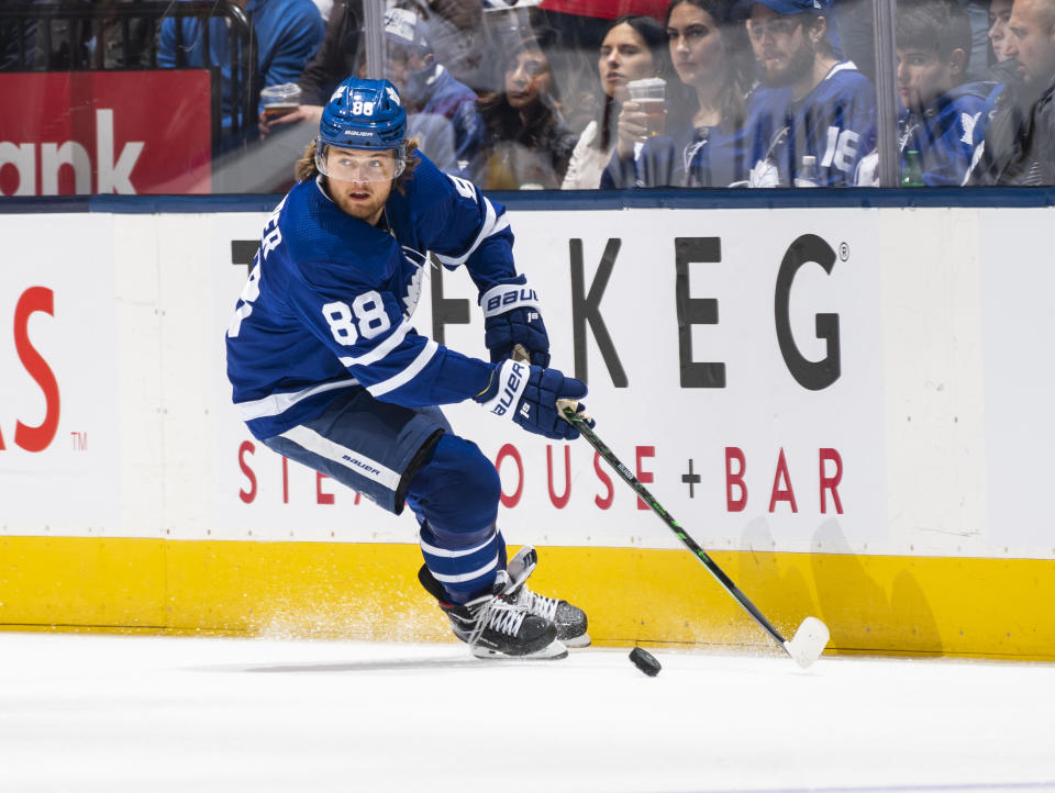 TORONTO, ON - FEBRUARY 3: William Nylander #88 of the Toronto Maple Leafs plays the puck against the Florida Panthers during the first period at the Scotiabank Arena on February 3, 2020 in Toronto, Ontario, Canada. (Photo by Mark Blinch/NHLI via Getty Images)