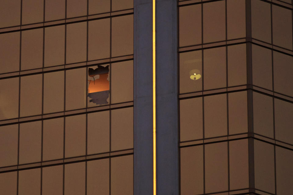 Stephen Paddock shot at a Las Vegas country music festival from a&nbsp;shattered window in his 32nd-floor suite at the MGM-owned Mandalay Bay Resort and Casino. (Photo: Drew Angerer via Getty Images)