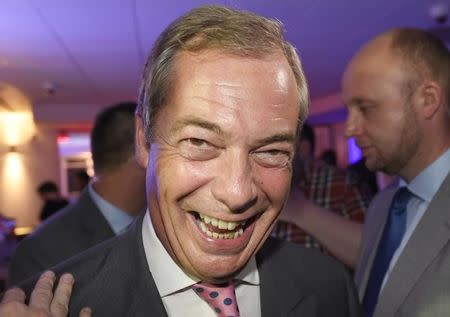 Nigel Farage, the leader of the United Kingdom Independence Party (UKIP), smiles at a Leave.eu party after polling stations closed in the Referendum on the European Union in London, Britain, June 23, 2016. REUTERS/Toby Melville