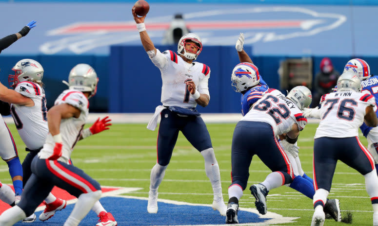 Cam Newton throws a pass against the Buffalo Bills