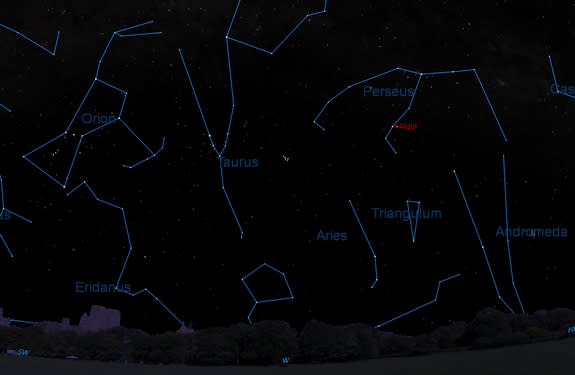 This sky map shows the location of Algol, the Demon Star, in the constellation Perseus in the western night sky on Feb. 19, 2015 as seen from mid-northern latitudes.