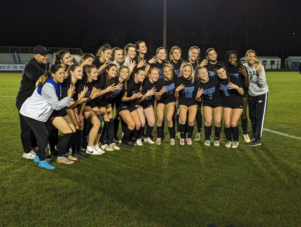 Bartram Trail celebrates victory over Creekside in the FHSAA Region 1-7A high school girls soccer final on February 14, 2023. [Clayton Freeman/Florida Times-Union]