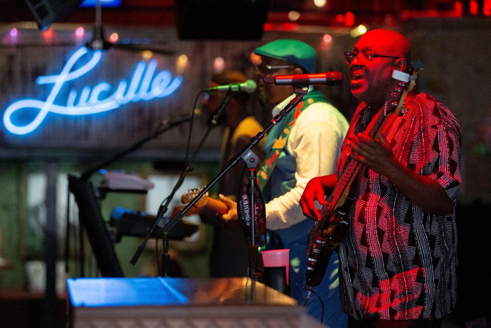 Tony Holmes, from right, Jonathan Ellison and Darryl Cooper perform with the P.S. Band on June 17, 2020, at B.B. King’s Blues Club on Beale Street in Memphis.