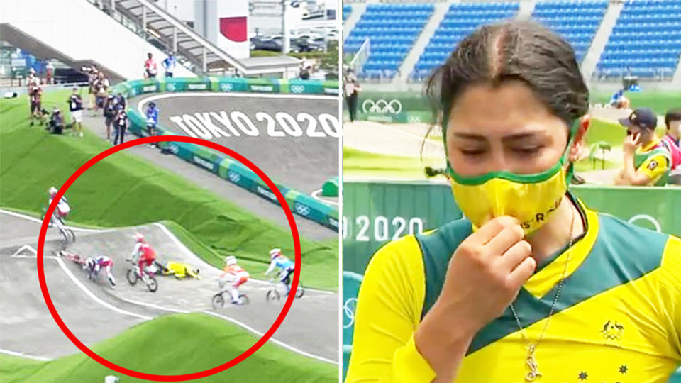 Saya Sakakibara (pictured right) tearing up in an interview following a crash (pictured left) at the Tokyo Olympics BMX event.