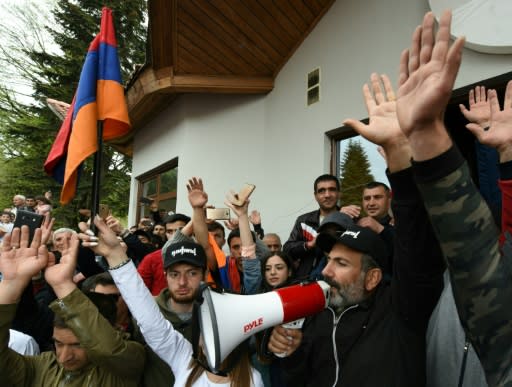 Armenian opposition leader Nikol Pashinyan meets with supporters in the northern town of Dilijan