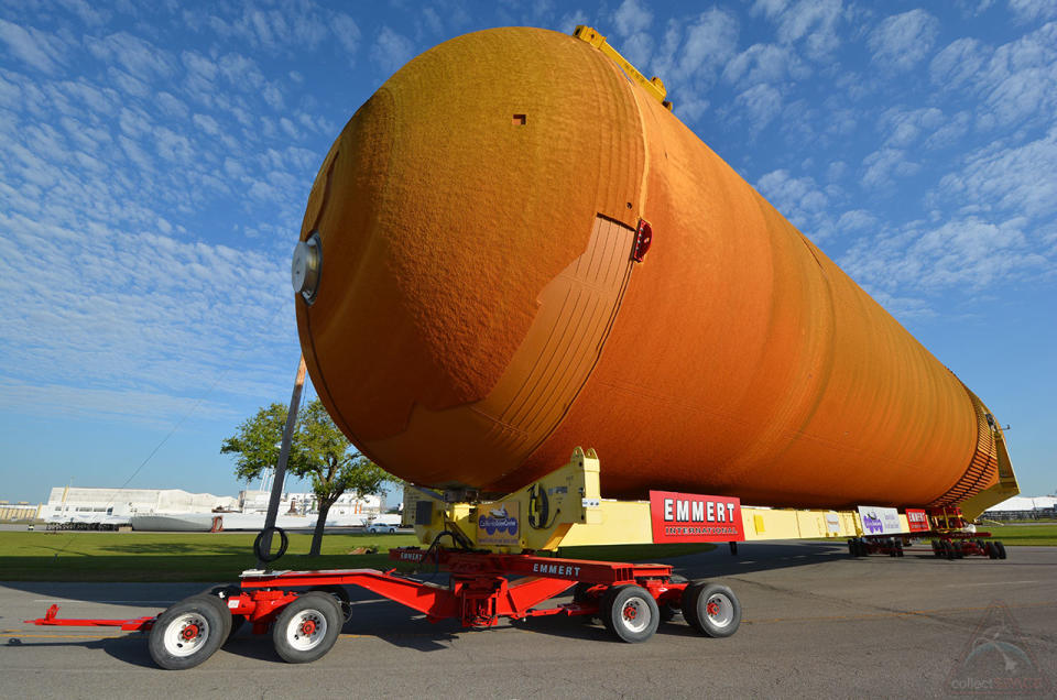 NASA's last flight-qualified external tank, ET-94, was moved at the Michoud Assembly Facility in New Orleans on Sunday, April 10, 2016, in preparation for its departure by ocean barge to Los Angeles and the Californi
