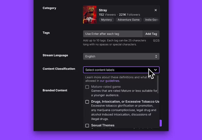 Twitch content classification