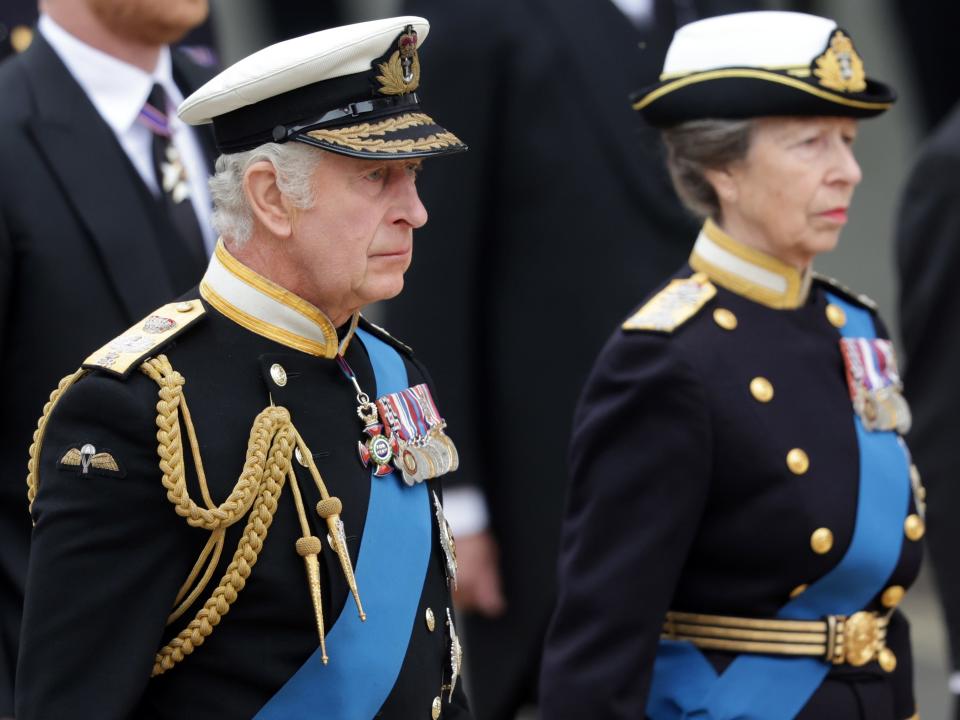 King Charles III and Anne, Princess Royal arrive at Westminster Abbey.