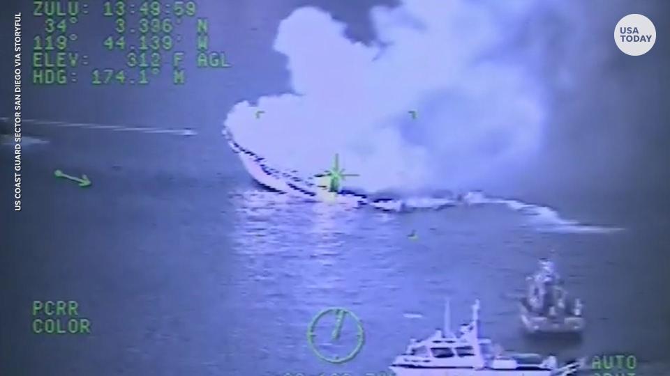 The Coast Guard released helicopter footage of the California boat fire that killed dozens of people.