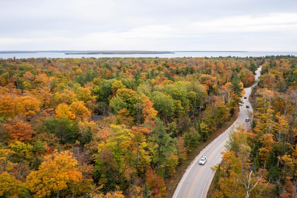 An overhead view of the Door County Coastal Byway on Oct. 14, 2021.