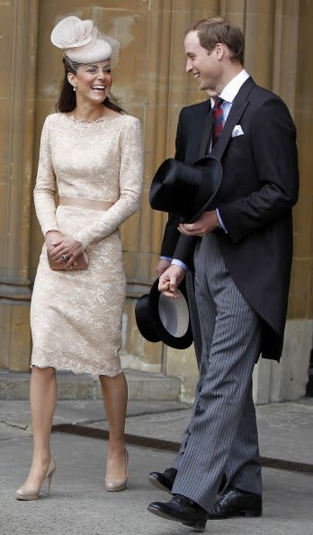 <div class="caption-credit"> Photo by: Getty Images</div><b>The Duke and Duchess of Cambridge</b> <br> Catherine Middleton wore a cream lace cream dress by her wedding day designer, Alexander McQueen, and paired it with a Jane Taylor hat and her signature LK Bennett heels. Earlier in the week she wore a red McQueen dress and a blue silk Whistles dress, rounding out her red, white, and blue theme. William looked dashing too.