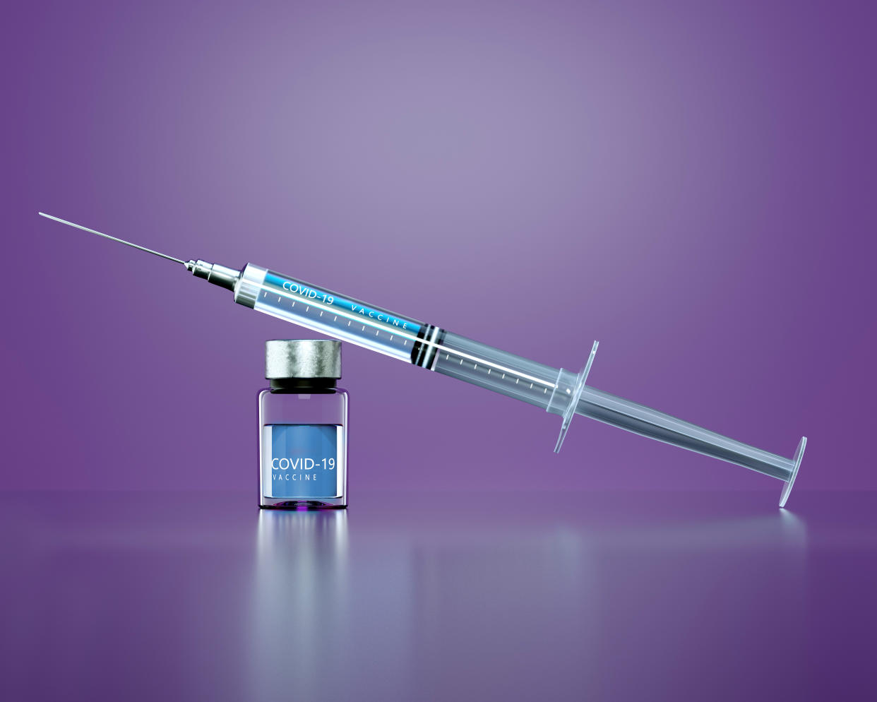 Digital generated image of Syringe with anti COVID-19 vaccine on purple background.