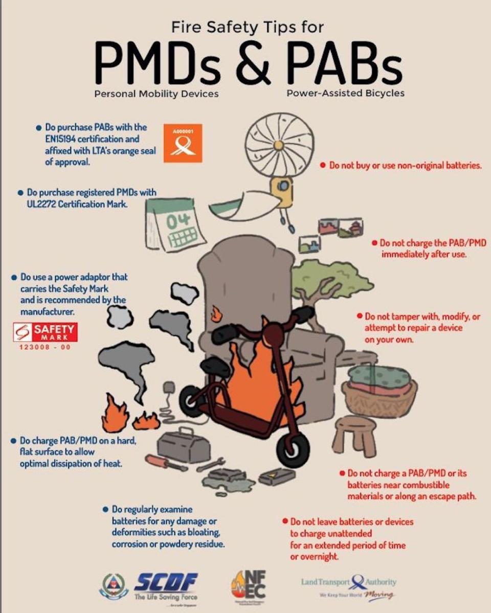 An infographic for fire safety tips for PMDs and PABs from the Singapore Civil Defense Force 