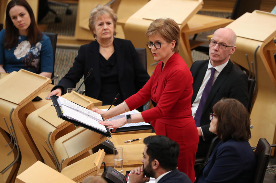 First Minister Nicola Sturgeon in the debating chamber during FMQs at the Scottish Parliament in Edinburgh. PA Photo. Picture date: Thursday March 5, 2020. See PA story SCOTLAND Questions. Photo credit should read: Andrew Milligan/PA Wire