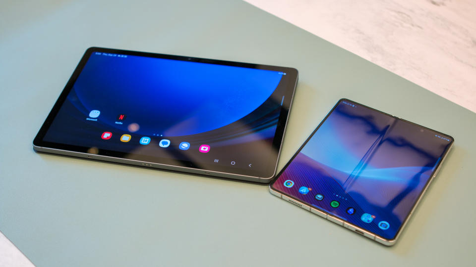 Samsung Galaxy Tab S9 FE next to Galaxy Z Fold 5