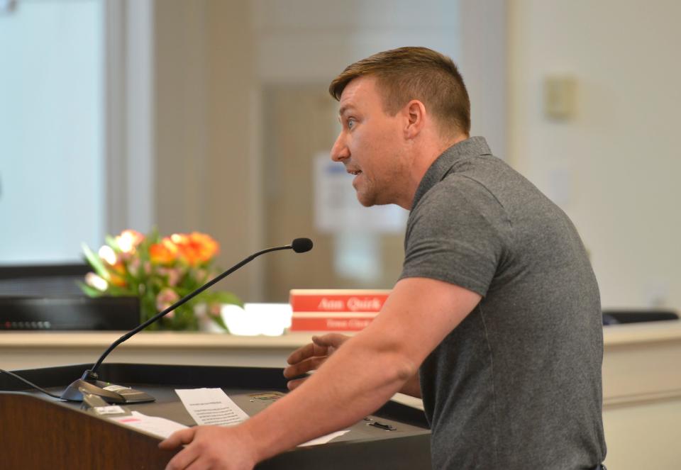 Barnstable resident Christopher Lauzon speaks on Thursday in Barnstable Town Hall about the need for affordable housing during a Town Council meeting.