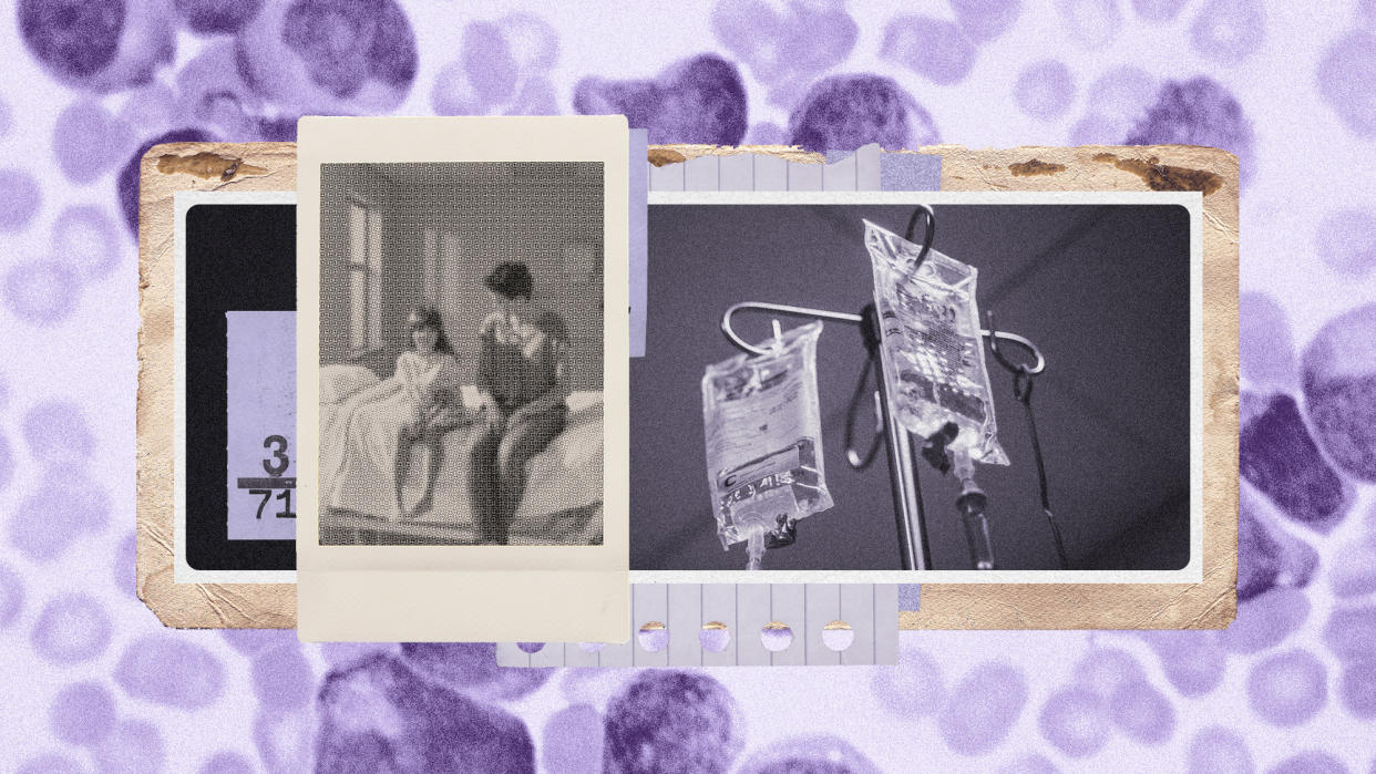  Photo collage of a polaroid of a small child sitting on the edge of a hospital bed with an adult woman next to her. Underneath, there is a photo of an IV drip and a microscope photo of cancerous cells. 