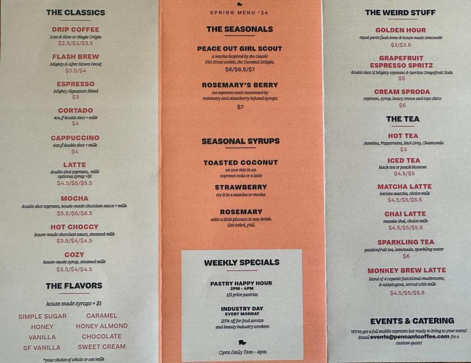 Pennant Coffee menu, part one