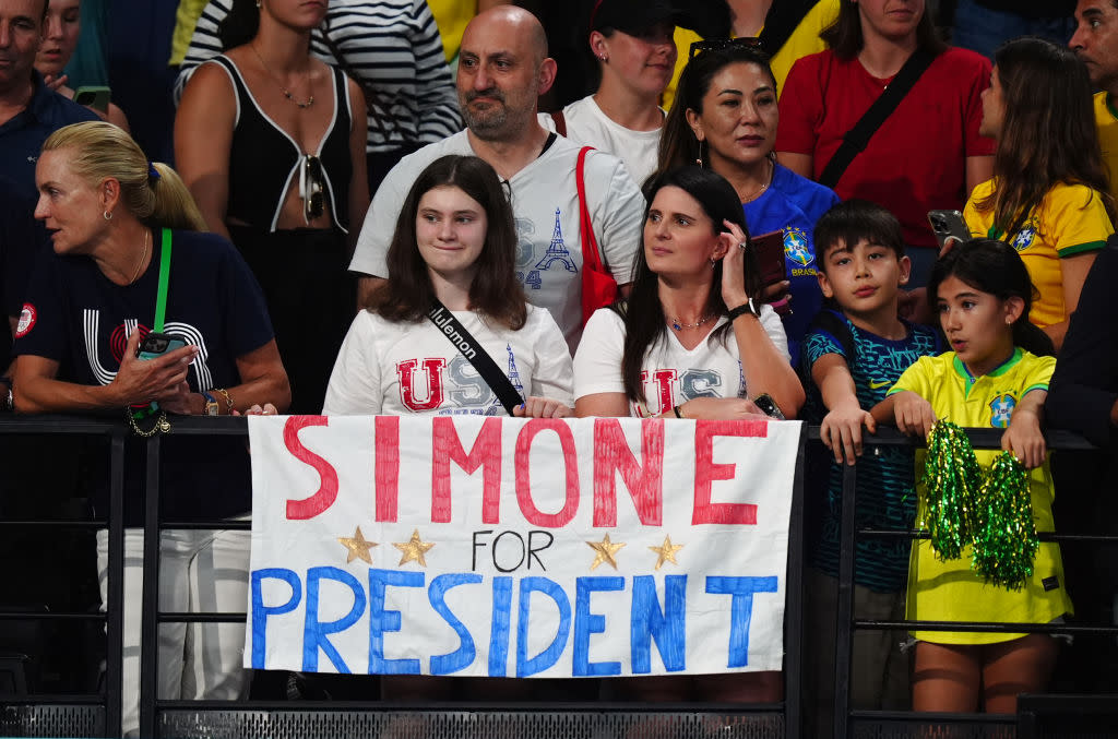 Simone Biles fans during the Women's All-Around Final at the Bercy Arena on the sixth day of the 2024 Paris Olympic Games in France on Aug. 1, 2024. <span class="copyright">Mike Egerton—PA Images via Getty Images</span>