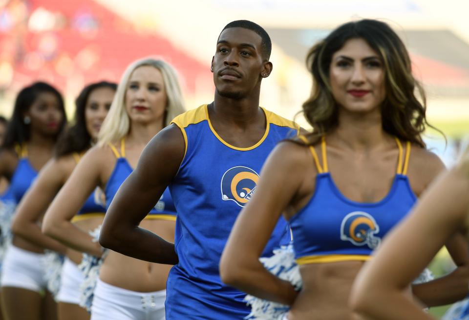 Los Angeles Rams cheerleader Quinton Peron in Los Angeles, August 24, 2019.