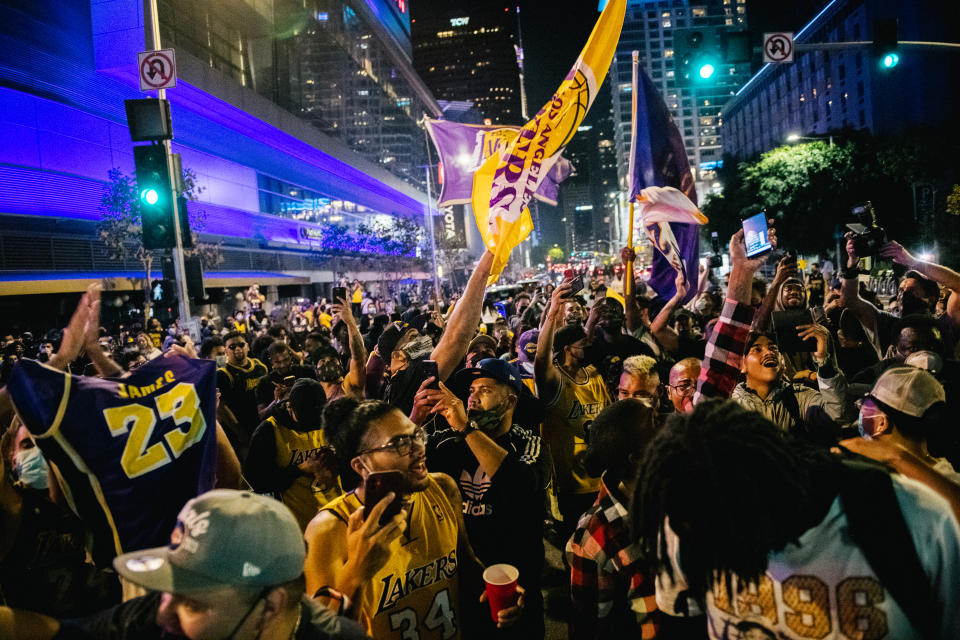 Lakers fans celebrate in front of the Staples Center after the team won the 2020 NBA Finals