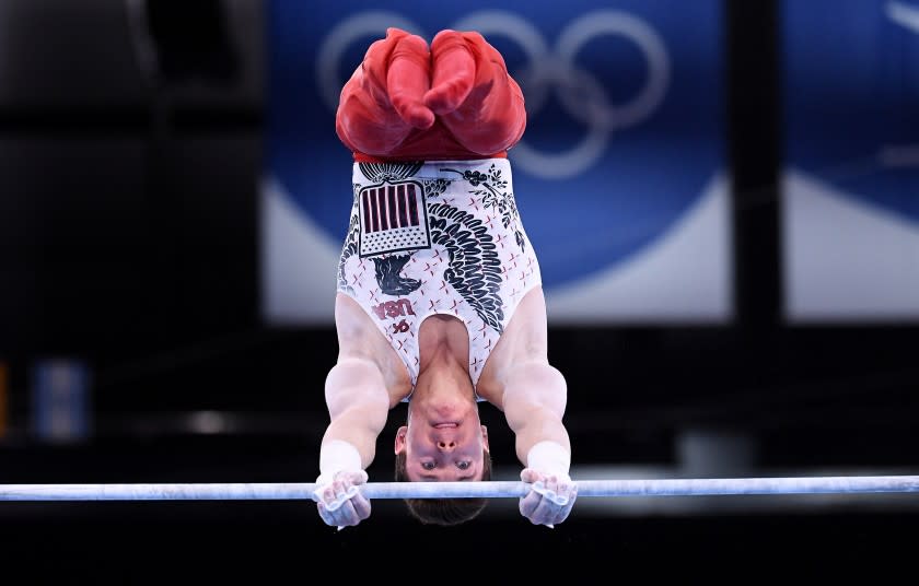 -TOKYO,JAPAN July 24, 2021: USA's Brody Malone competes on the high bar during team qualifying at the 2020 Tokyo Olympics. (Wally Skalij /Los Angeles Times)