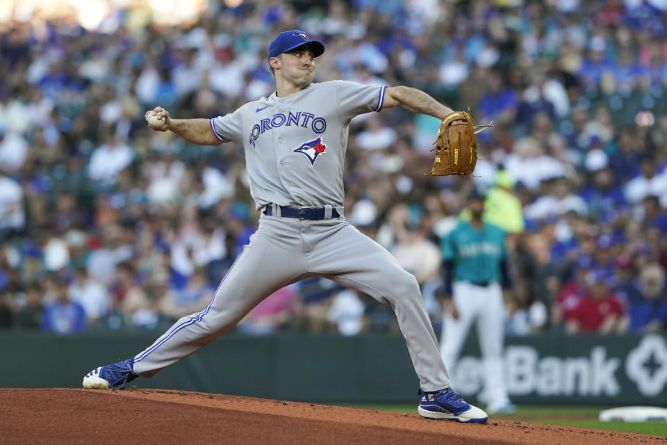 Toronto Blue Jays starting pitcher Ross Stripling throws to a Seattle Mariners batter during the first inning of a baseball game Friday, July 8, 2022, in Seattle. (AP Photo/Ted S. Warren)