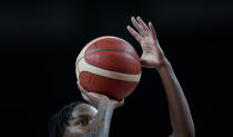 Canada's Shaina Pellington (1) shoots a free throw during women's basketball preliminary round game against Spain at the 2020 Summer Olympics, Sunday, Aug. 1, 2021, in Saitama, Japan. (AP Photo/Charlie Neibergall)