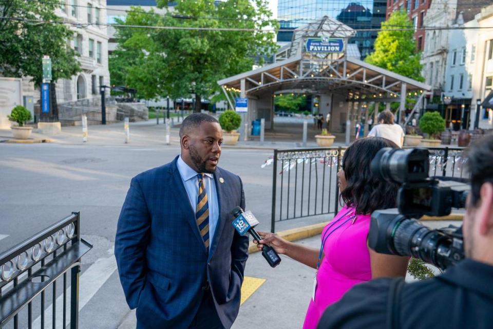 Adrian Wallace spoke to reporters at his watch party at Elixir on Tuesday May 17, 2022 in Lexington, Ky.