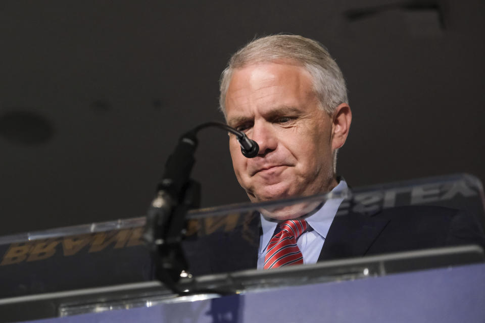 Democratic nominee for governor Brandon Presley addresses supporters at The Faulkner in Jackson, Miss., late Tuesday, Nov. 7, 2023. (AP Photo/HG Biggs)