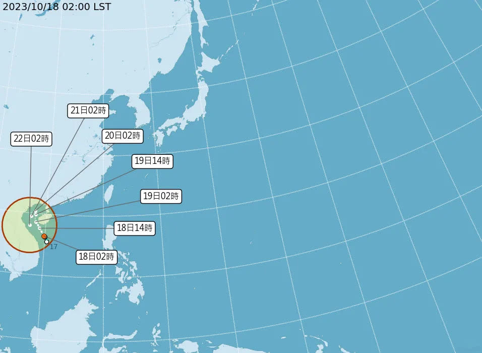 <strong>熱帶性低氣壓TD18估今日會轉為輕度颱風。（圖／中央氣象署）</strong>