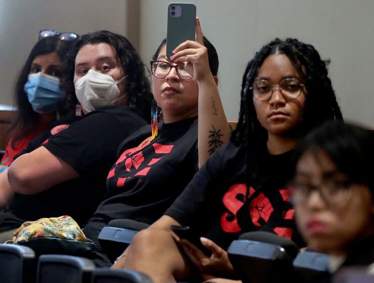 Long Beach, CA - California State University students with the grassroots group Students for Quality Education attend a meeting of the CSU Board of Trsutees in Long Beach on Tuesday, July 11, 2023. July 11: in Long Beach on Tuesday, July 11, 2023 in Long Beach, CA. (Luis Sinco / Los Angeles Times)