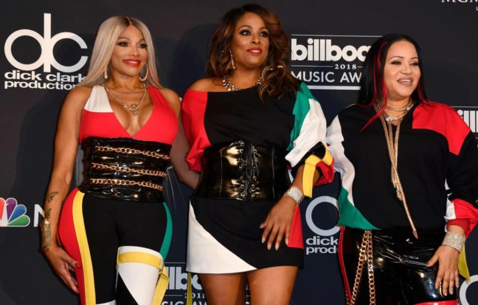 (L-R) Recording artists Sandra Denton, Deidra Roper and Cheryl James of musical group Salt-N-Pepa pose in the press room during the 2018 Billboard Music Awards at MGM Grand Garden Arena on May 20, 2018 in Las Vegas, Nevada. (Photo by Frazer Harrison/Getty Images)