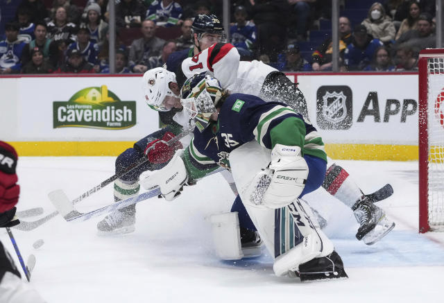 Vancouver Canucks' Ethan Bear skates during the first period of the team's  NHL hockey game against the New Jersey Devils on Tuesday, Nov. 1, 2022, in  Vancouver, British Columbia. (Darryl Dyck/The Canadian