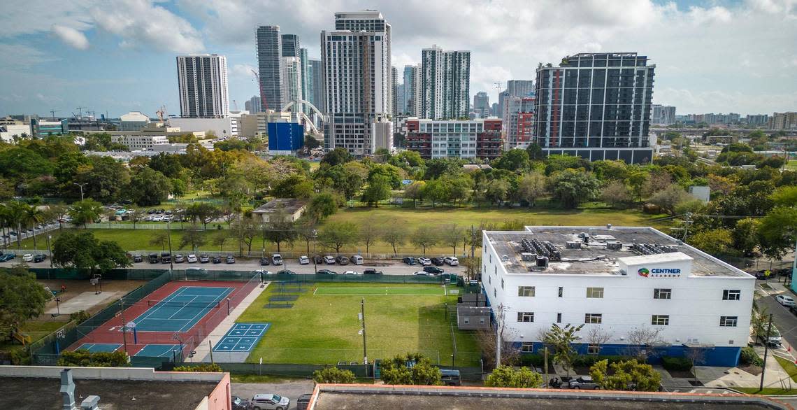 Aerial view of the the Centner Academy middle and high school campus (front) at 1911 NE Miami Ct., located directly across of the city-owned Biscayne Park at 150 NE 19th St., on Tuesday, March 5, 2024. The Miami City Commission could cancel a deal to allow the private school’s owners to build an indoor athletic facility on the city land.